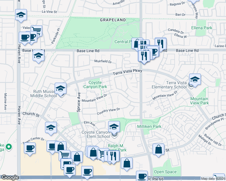 map of restaurants, bars, coffee shops, grocery stores, and more near 7615 Fairhaven Place in Rancho Cucamonga