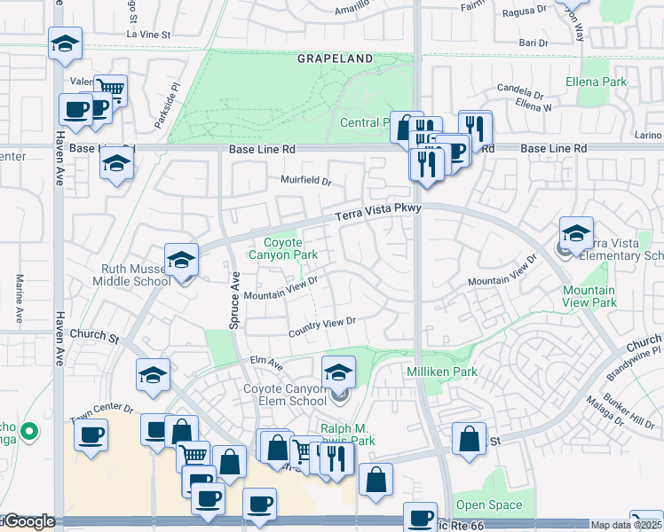 map of restaurants, bars, coffee shops, grocery stores, and more near 7615 Fairhaven Place in Rancho Cucamonga
