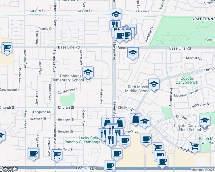map of restaurants, bars, coffee shops, grocery stores, and more near 10431 Candlewood Street in Rancho Cucamonga