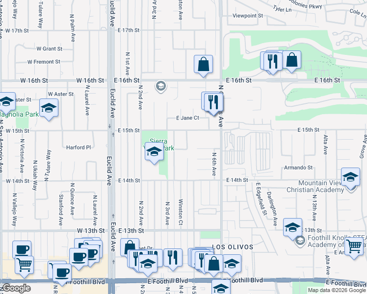 map of restaurants, bars, coffee shops, grocery stores, and more near 1447 Winston Court in Upland