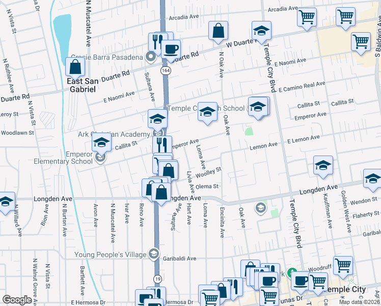 map of restaurants, bars, coffee shops, grocery stores, and more near 6441 Livia Avenue in Temple City