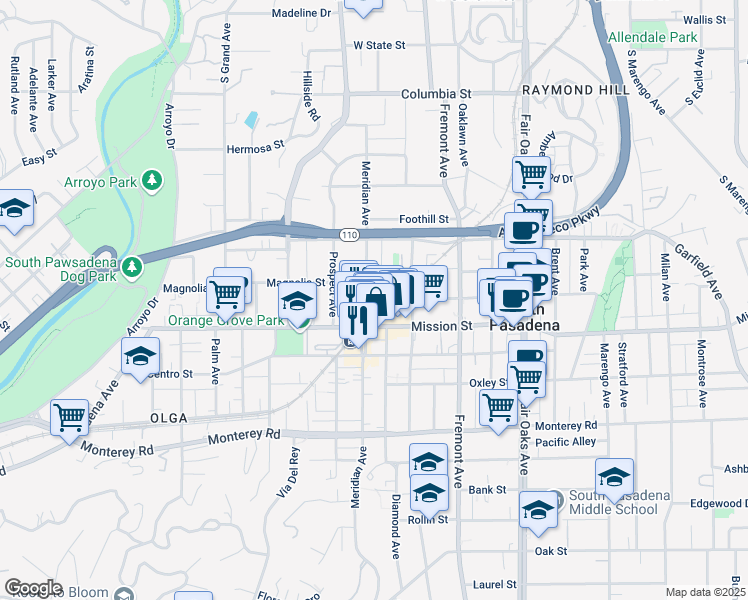 map of restaurants, bars, coffee shops, grocery stores, and more near 1010 Mission Street in South Pasadena