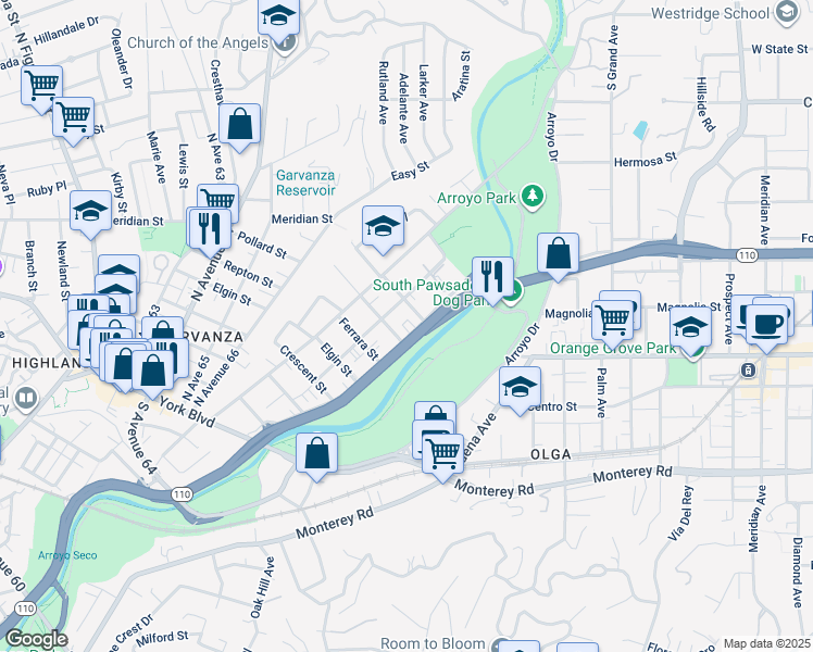map of restaurants, bars, coffee shops, grocery stores, and more near 625 Bridewell Street in Los Angeles