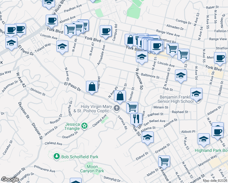 map of restaurants, bars, coffee shops, grocery stores, and more near 939 Farnam Street in Los Angeles