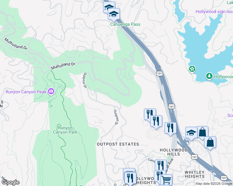 map of restaurants, bars, coffee shops, grocery stores, and more near 7053 Senalda Road in Los Angeles