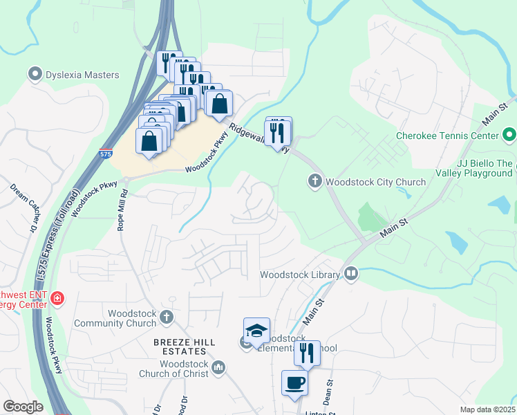 map of restaurants, bars, coffee shops, grocery stores, and more near Elena Way in Woodstock