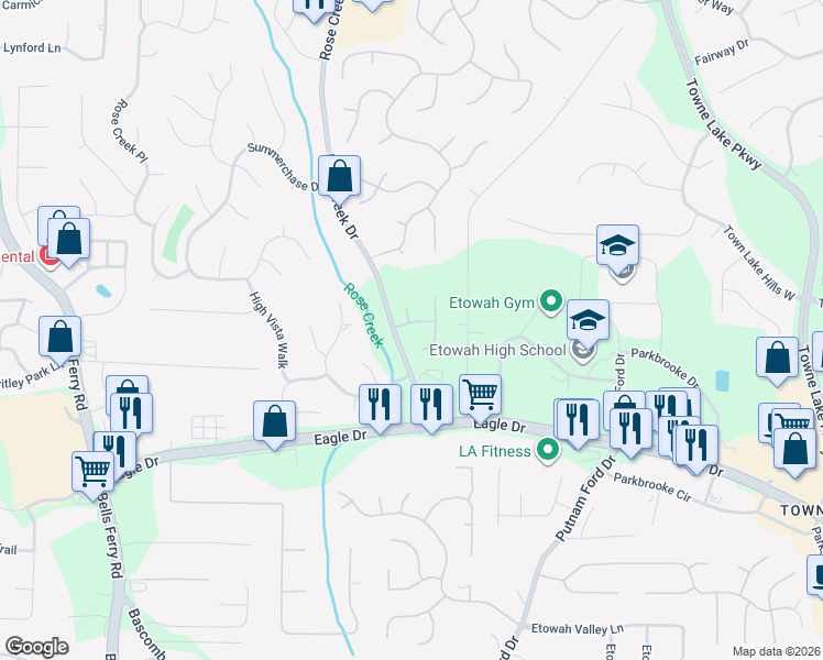 map of restaurants, bars, coffee shops, grocery stores, and more near 1004 Fernbank Drive in Woodstock