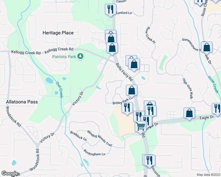 map of restaurants, bars, coffee shops, grocery stores, and more near 1134 Britley Park Lane in Woodstock