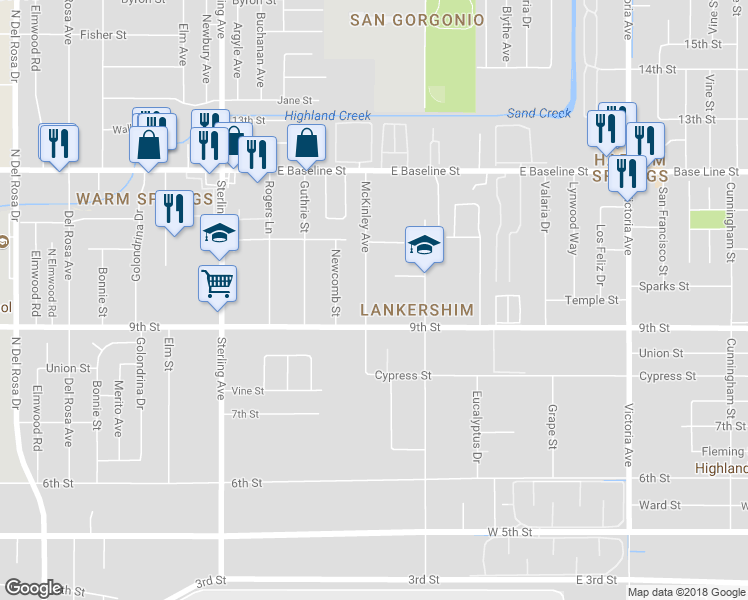 map of restaurants, bars, coffee shops, grocery stores, and more near 7551 McKinley Street in San Bernardino