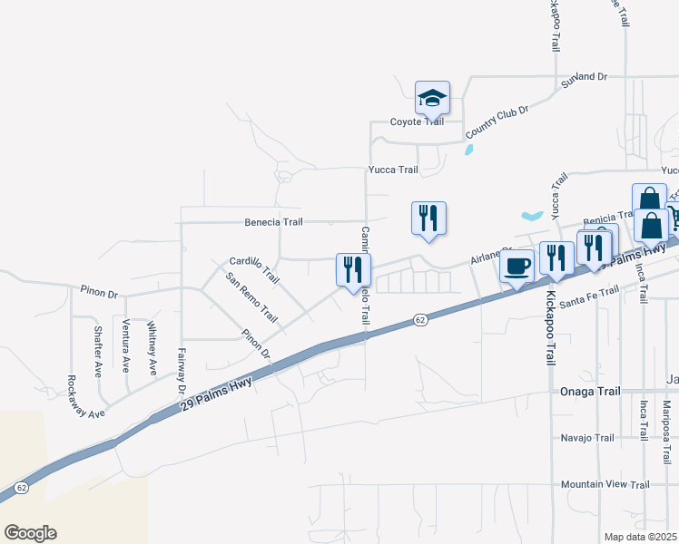 map of restaurants, bars, coffee shops, grocery stores, and more near 54838 El Prado Trail in Yucca Valley