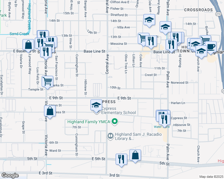 map of restaurants, bars, coffee shops, grocery stores, and more near 26933 10th Street in Highland