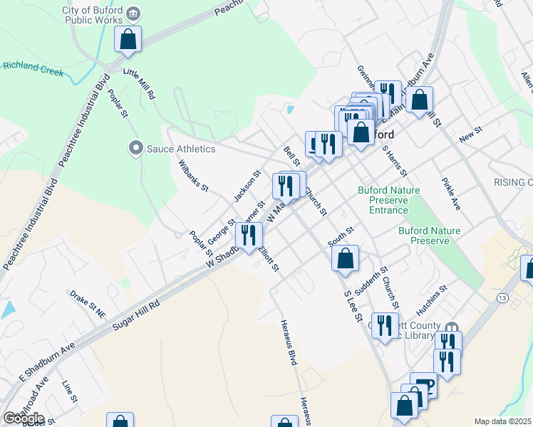 map of restaurants, bars, coffee shops, grocery stores, and more near 0 High Street Northeast in Buford