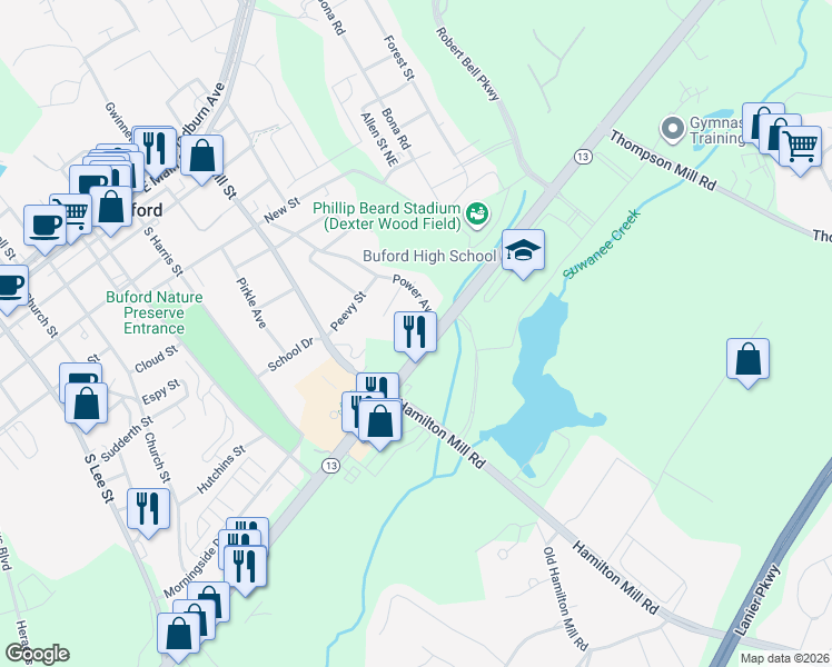 map of restaurants, bars, coffee shops, grocery stores, and more near 2305 Gainsville Highway in Buford