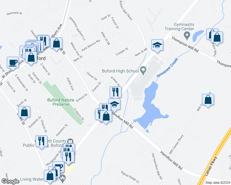 map of restaurants, bars, coffee shops, grocery stores, and more near 363 Mimosa Drive in Buford