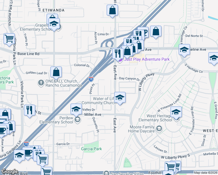 map of restaurants, bars, coffee shops, grocery stores, and more near 7559 Woodstream Court in Rancho Cucamonga