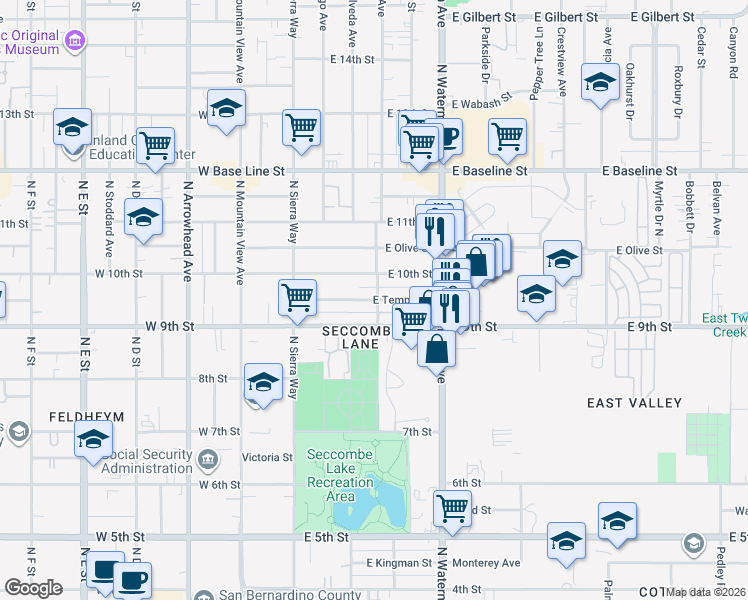 map of restaurants, bars, coffee shops, grocery stores, and more near 217 East Temple Street in San Bernardino