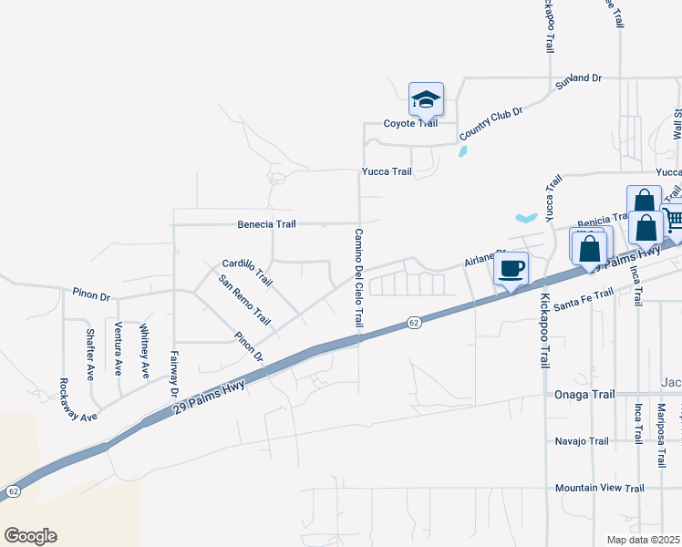 map of restaurants, bars, coffee shops, grocery stores, and more near 54858 Martinez Trail in Yucca Valley