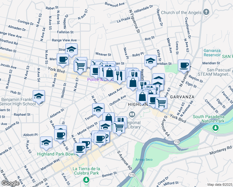 map of restaurants, bars, coffee shops, grocery stores, and more near 6162 Mesa Avenue in Los Angeles