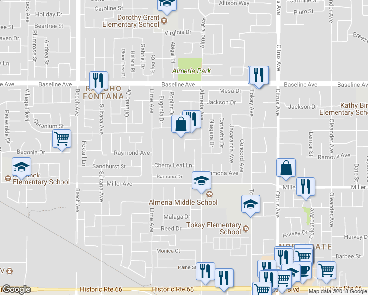 map of restaurants, bars, coffee shops, grocery stores, and more near 7537 Red Bluff Lane in Fontana