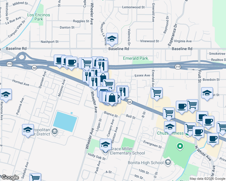 map of restaurants, bars, coffee shops, grocery stores, and more near 3803 Burton Place in La Verne