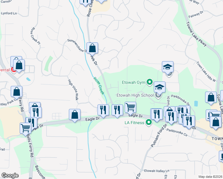 map of restaurants, bars, coffee shops, grocery stores, and more near 1004 Fernbank Drive in Woodstock