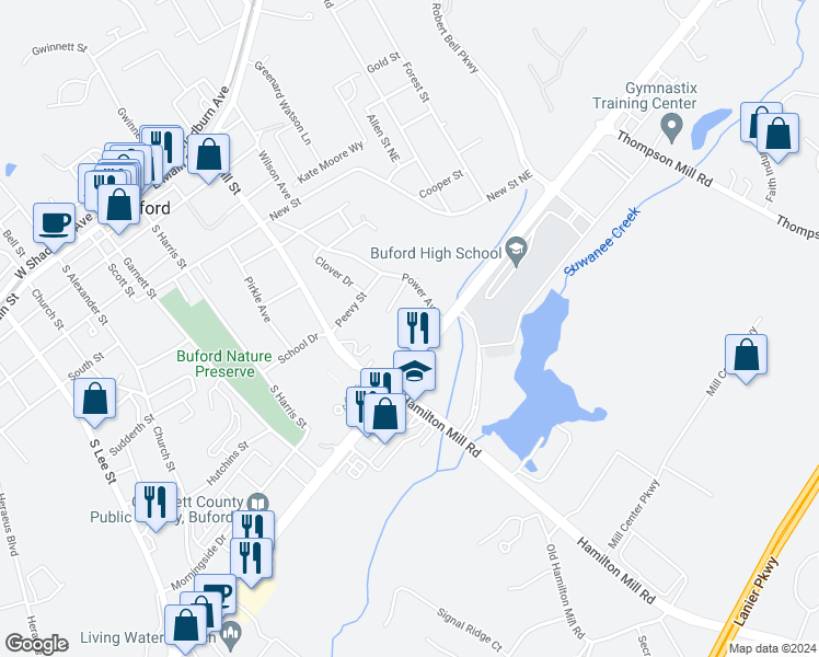 map of restaurants, bars, coffee shops, grocery stores, and more near 385 Mimosa Drive in Buford