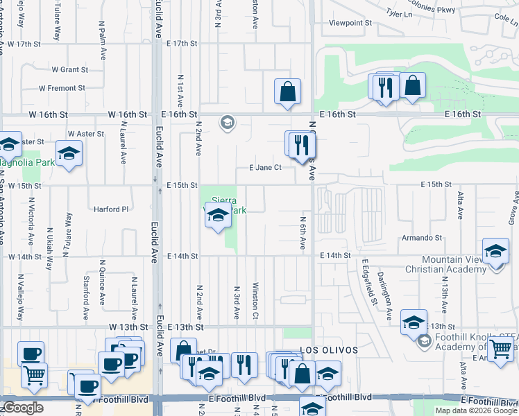 map of restaurants, bars, coffee shops, grocery stores, and more near 1447 Winston Court in Upland