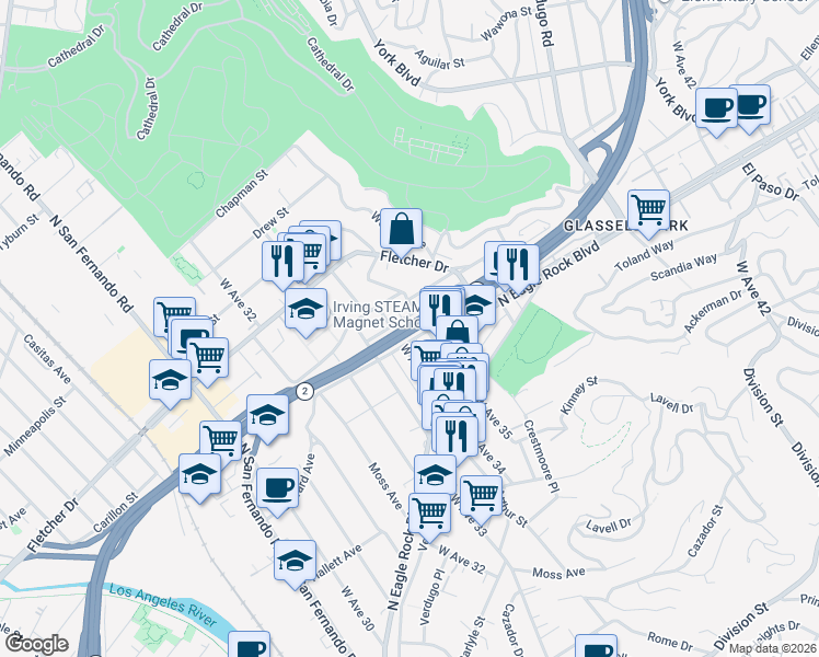 map of restaurants, bars, coffee shops, grocery stores, and more near 2800 West Avenue 34 in Los Angeles