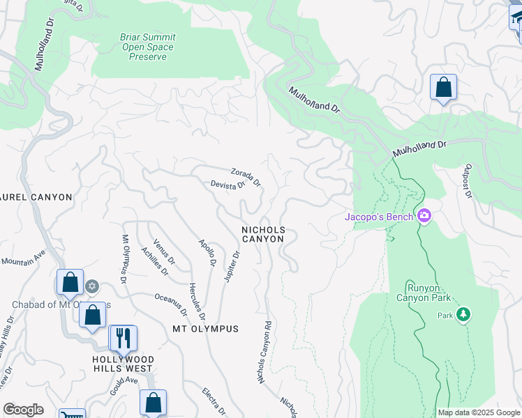 map of restaurants, bars, coffee shops, grocery stores, and more near 2500 Zorada Drive in Los Angeles