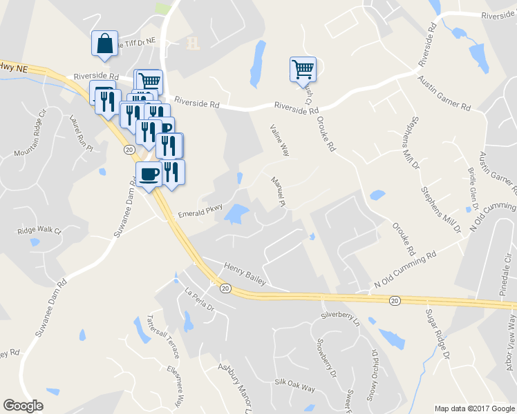 map of restaurants, bars, coffee shops, grocery stores, and more near 464 Emerald Lake Lane in Sugar Hill