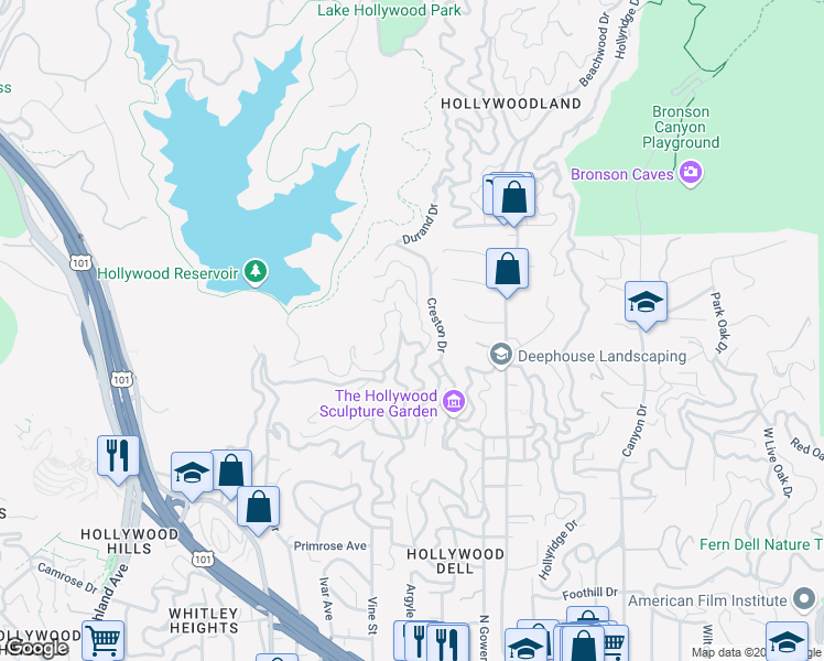 map of restaurants, bars, coffee shops, grocery stores, and more near 6327 Gilday Drive in Los Angeles