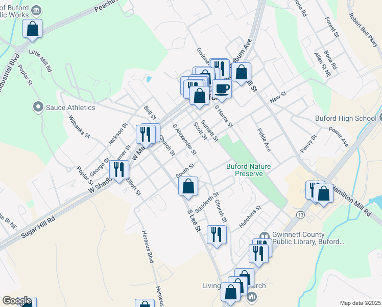 map of restaurants, bars, coffee shops, grocery stores, and more near 149 South Street in Buford