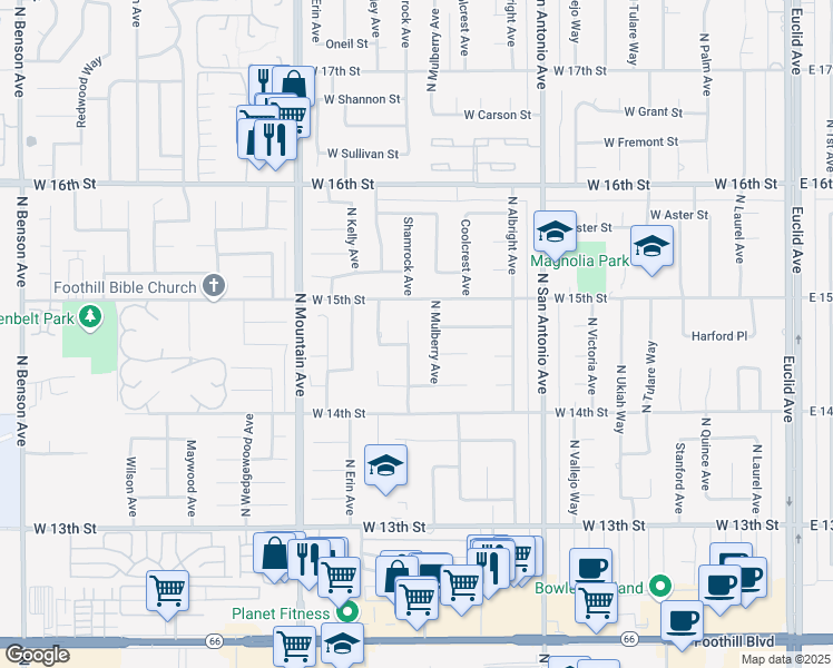 map of restaurants, bars, coffee shops, grocery stores, and more near 1470 North Pinebrook Avenue in Upland