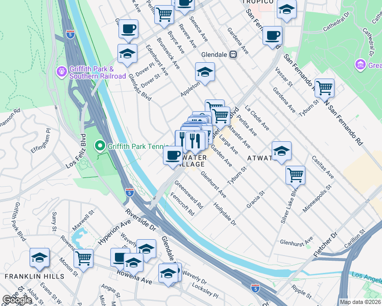 map of restaurants, bars, coffee shops, grocery stores, and more near 3127 Glenmanor Place in Los Angeles