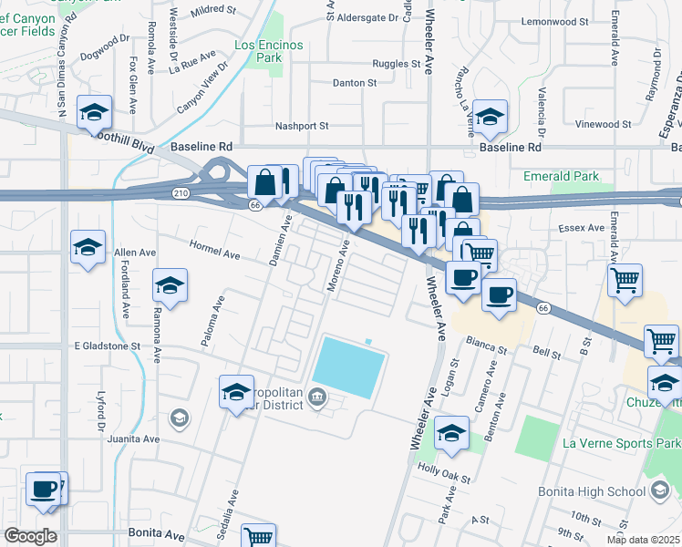 map of restaurants, bars, coffee shops, grocery stores, and more near 3620 Moreno Avenue in La Verne