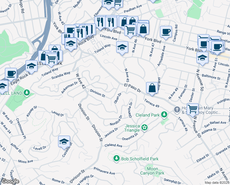 map of restaurants, bars, coffee shops, grocery stores, and more near 4261 Division Street in Los Angeles