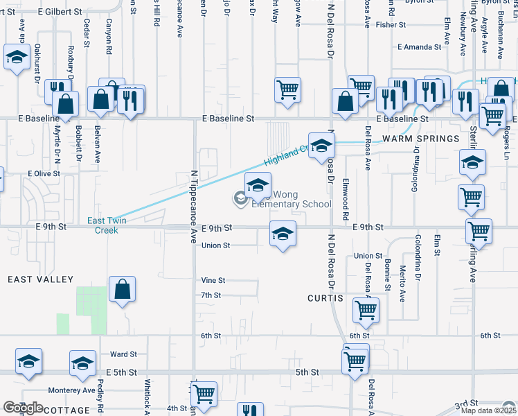 map of restaurants, bars, coffee shops, grocery stores, and more near 1250 9th Street in San Bernardino