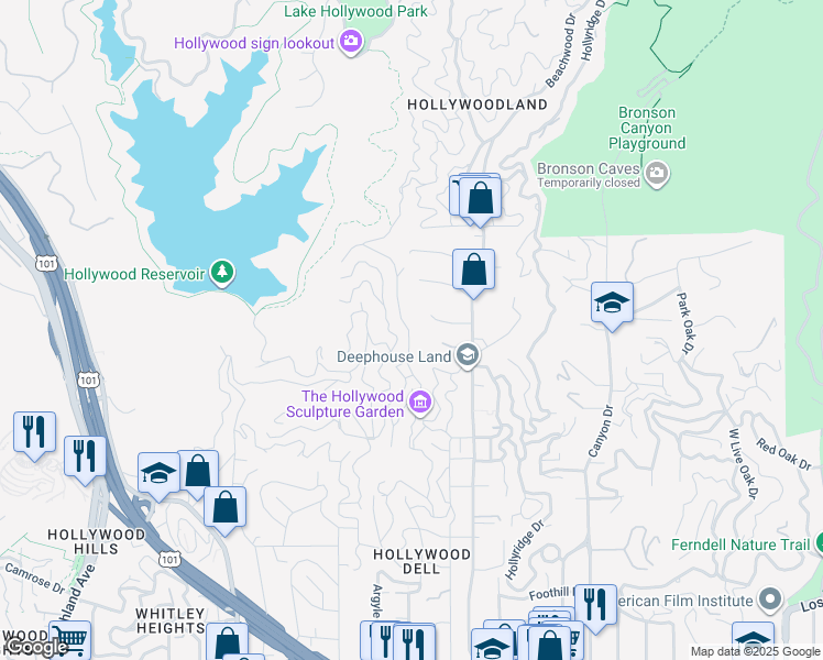 map of restaurants, bars, coffee shops, grocery stores, and more near 2630 Creston Drive in Los Angeles