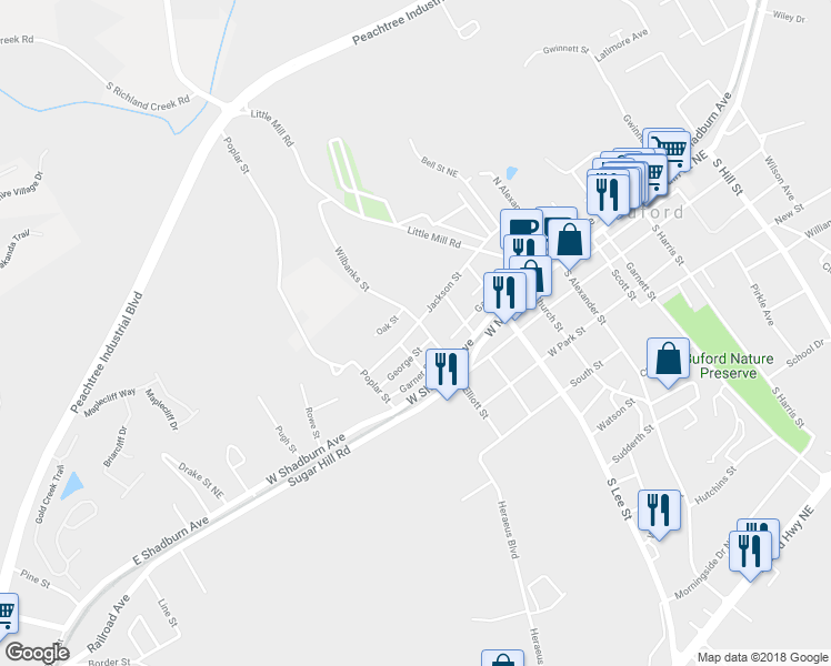 map of restaurants, bars, coffee shops, grocery stores, and more near 570 West Jackson Street in Buford