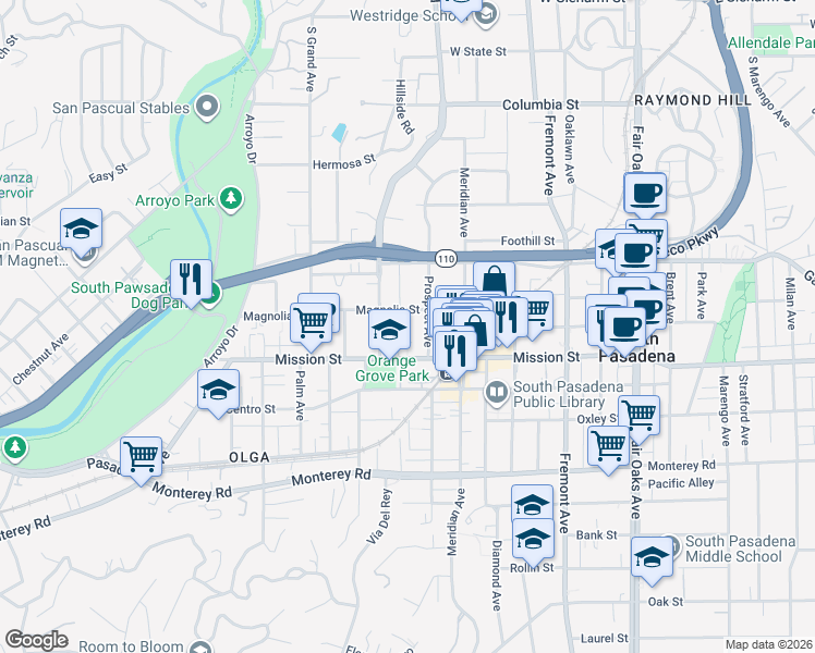 map of restaurants, bars, coffee shops, grocery stores, and more near 820 Mission Street in South Pasadena