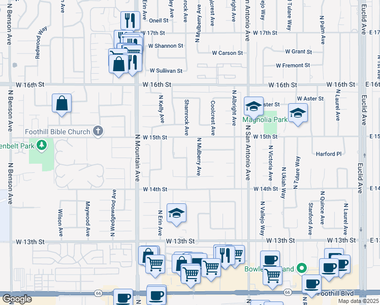 map of restaurants, bars, coffee shops, grocery stores, and more near 1470 North Pinebrook Avenue in Upland