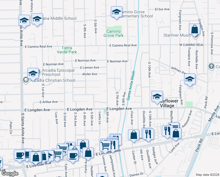 map of restaurants, bars, coffee shops, grocery stores, and more near 2006 6th Avenue in Arcadia