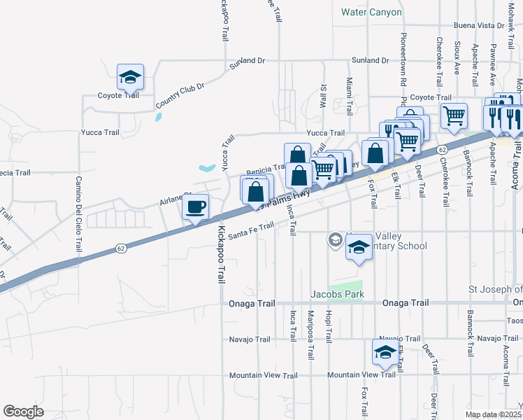 map of restaurants, bars, coffee shops, grocery stores, and more near 55411 29 Palms Highway in Yucca Valley