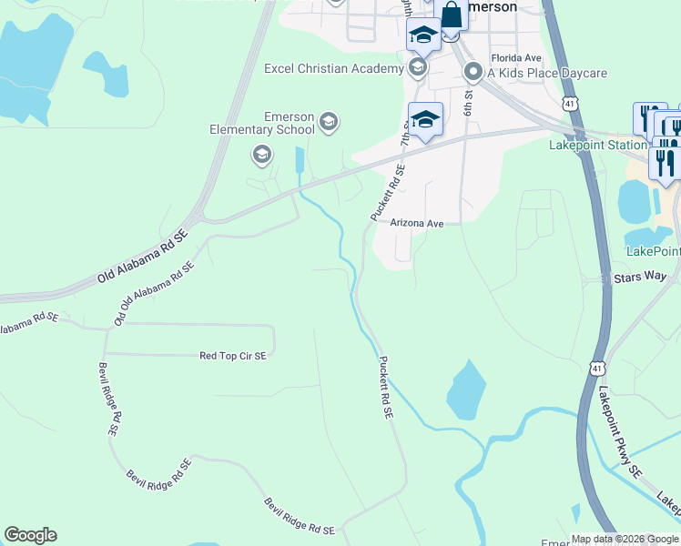 map of restaurants, bars, coffee shops, grocery stores, and more near 124 Puckett Road Southeast in Emerson