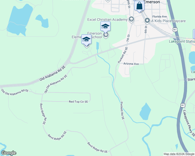 map of restaurants, bars, coffee shops, grocery stores, and more near 122 Puckett Road Southeast in Emerson