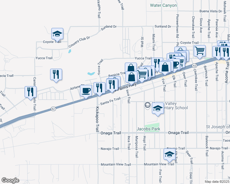 map of restaurants, bars, coffee shops, grocery stores, and more near 55411 29 Palms Highway in Yucca Valley