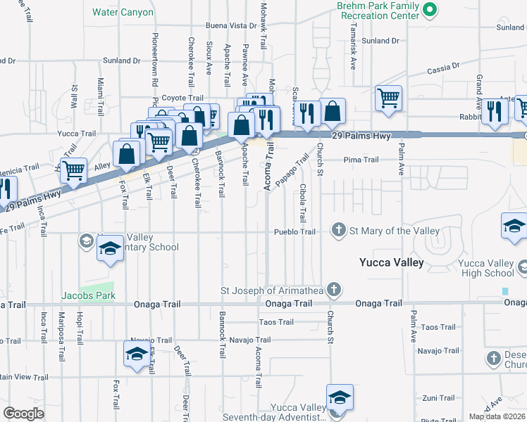 map of restaurants, bars, coffee shops, grocery stores, and more near 7454 Acoma Trail in Yucca Valley