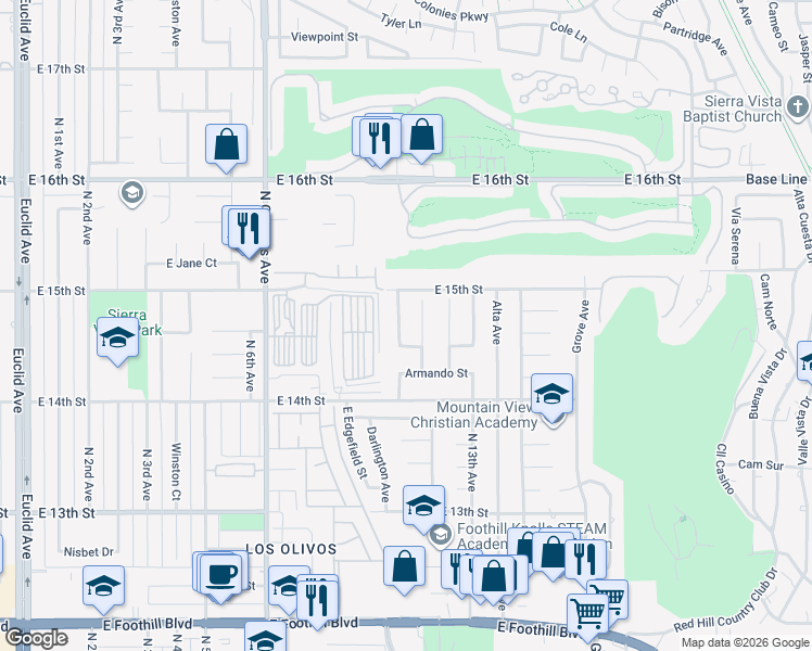 map of restaurants, bars, coffee shops, grocery stores, and more near 1488 Fernando Avenue in Upland