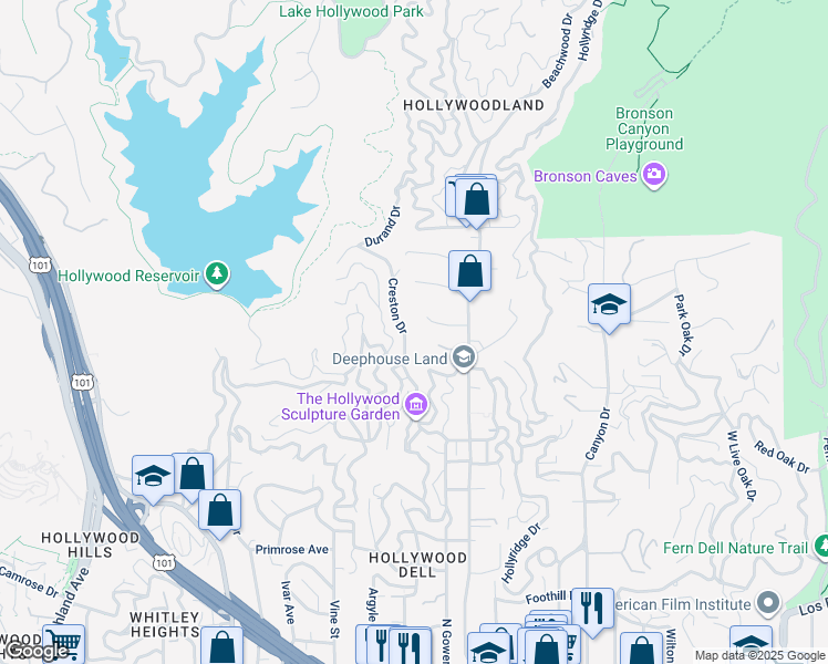 map of restaurants, bars, coffee shops, grocery stores, and more near 2630 Creston Drive in Los Angeles