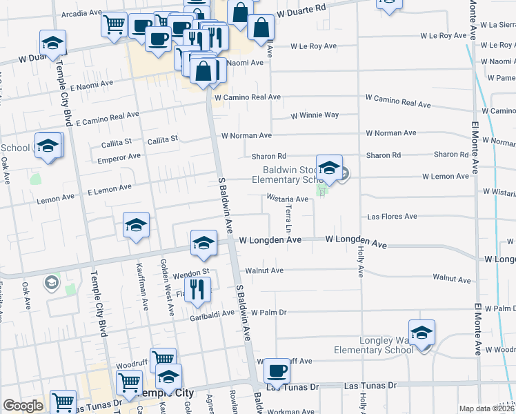 map of restaurants, bars, coffee shops, grocery stores, and more near 613 Wistaria Avenue in Arcadia
